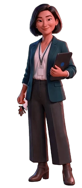 Grace the property manager with a tablet under her arm and a ring of keys in her hand
