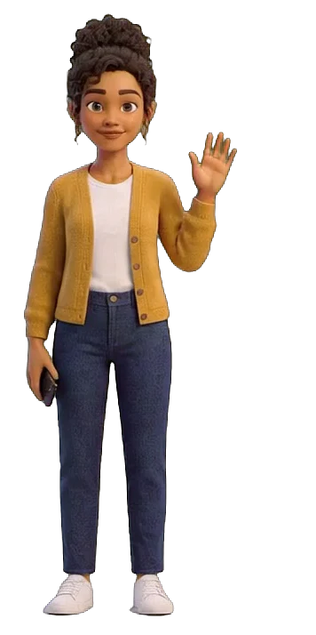 Maya the tenant waving hello, her phone in her other hand
